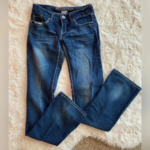 Hydraulic Jeans Straight Leg Womens 1/2 Blue Embroidered Heavy Stitching